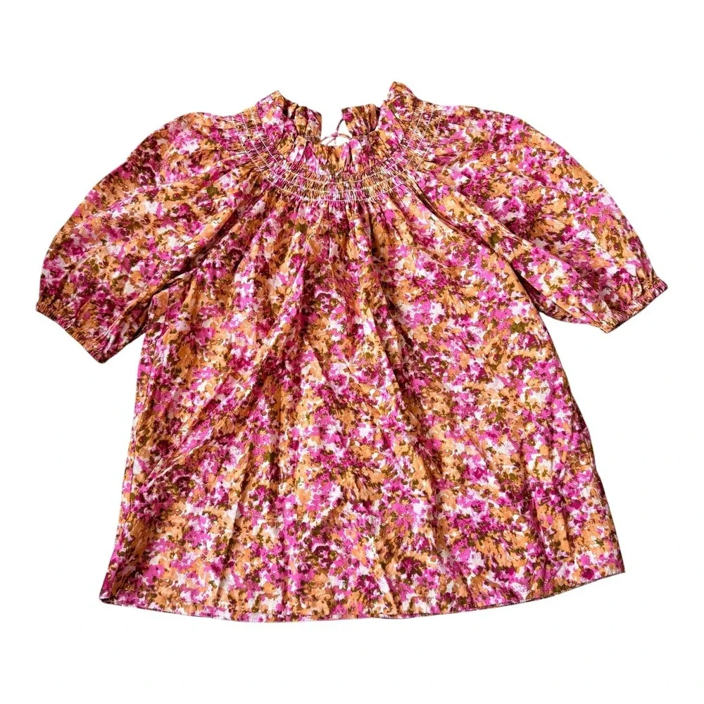 J.Crew Smocked Neck Puff Sleeve Top XS Pink Floral Lace Back Blouse